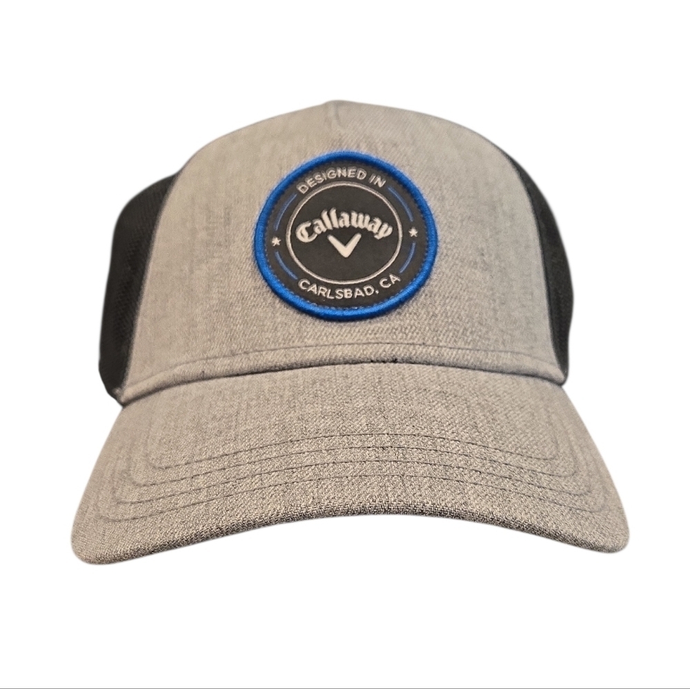 CALLAWAY PLAYING THROUGH TRUCKER ADJUSTABLE GOLF HAT IN GREY AND BLACK. NWOT.